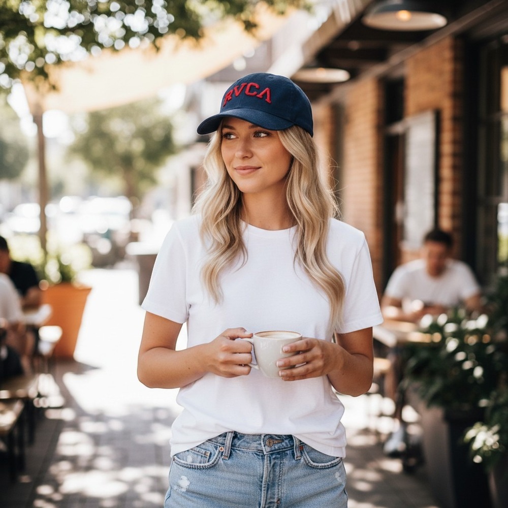 RVCA Hat Mens Navy Blue Embroidered Red Logo Snapback Closure Cap